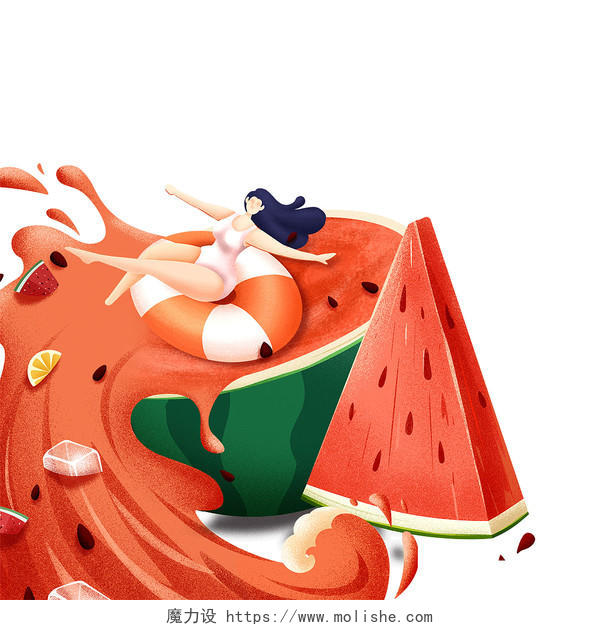 红色手绘卡通西瓜水果游泳人物夏天夏季元素PNG素材